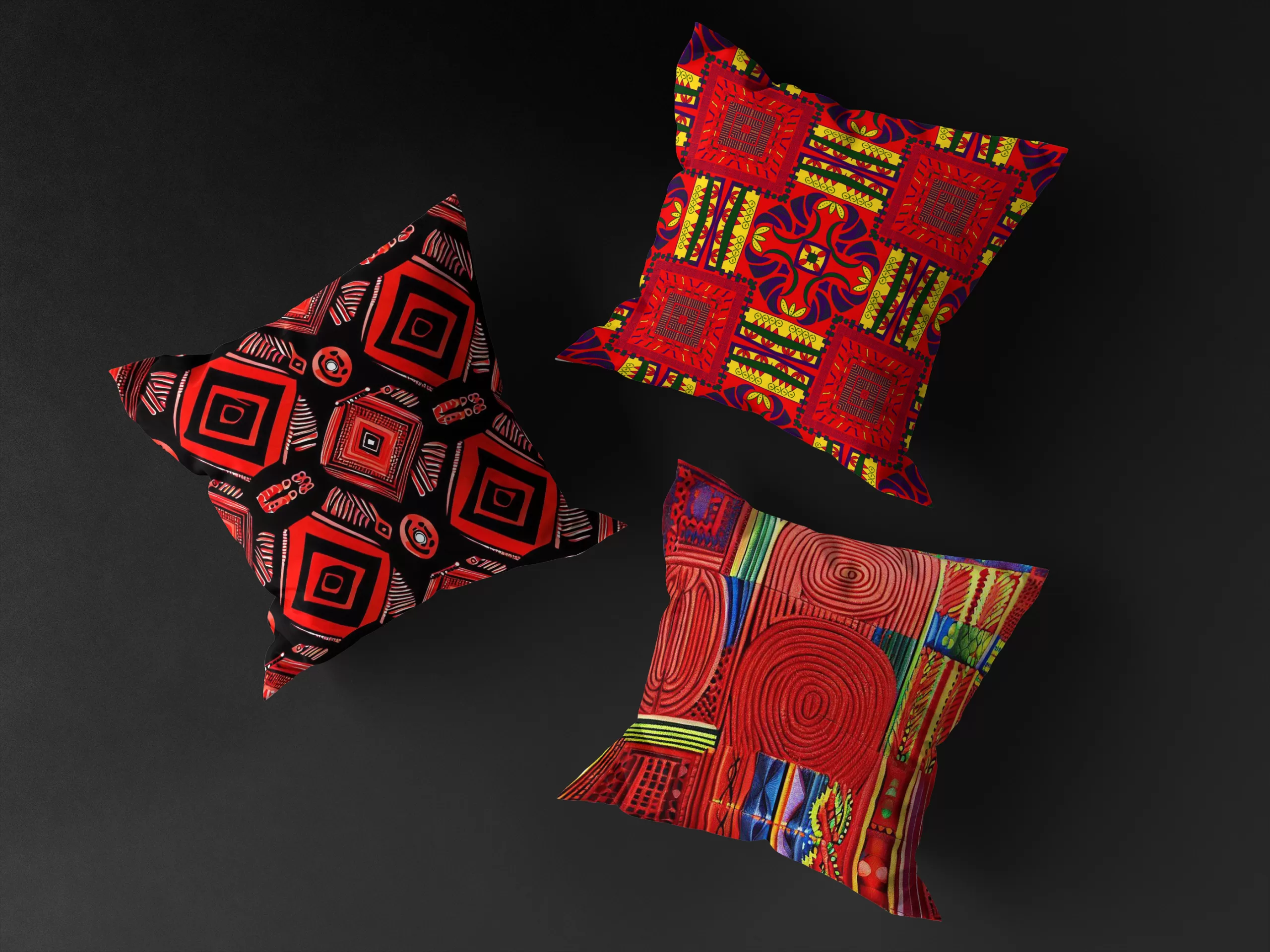 Three distinct red MUNACHU African pillow covers with unique designs, filled with pillows and floating against a black background