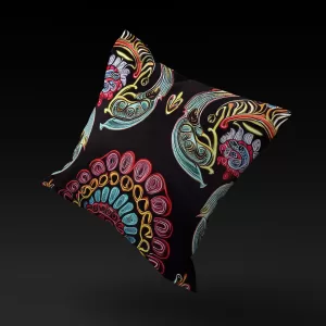Floating Ebony Bloom Bennu Majesty pillow cover, highlighting its rich ebony hues and detailed patterns.
