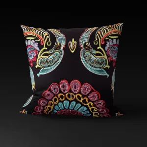 Ebony Bloom Bennu Majesty pillow cover, deep ebony background with floral patterns and Bennu bird