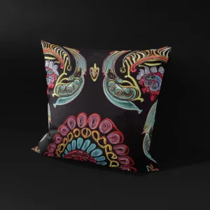 Side view of Ebony Bloom Bennu Majesty pillow cover, showcasing the intricate floral and Bennu bird design.
