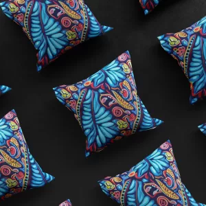 Nine MUNACHU Madagascar SeaGarden pillow covers in a 3x3 grid, displaying the design's versatility and marine plant motifs.