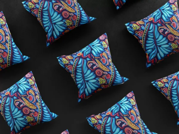 Nine MUNACHU Madagascar SeaGarden pillow covers in a 3x3 grid, displaying the design's versatility and marine plant motifs.