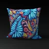 MUNACHU Madagascar SeaGarden pillow cover, featuring vibrant coral-inspired patterns on a blue background.
