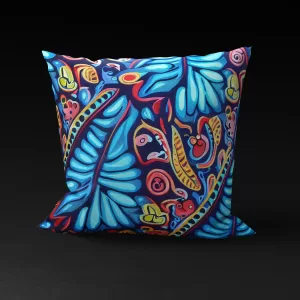 MUNACHU Madagascar SeaGarden pillow cover, featuring vibrant coral-inspired patterns on a blue background.