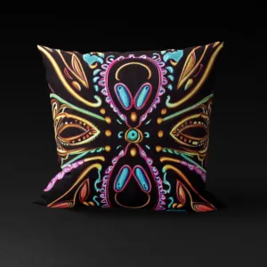 Neon Lumina Harmony pillow cover, neon fireflies on a black background