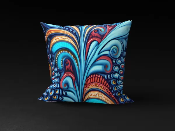 Watamu Marine Mosaic pillow cover, blue background, intricate coral reef patterns