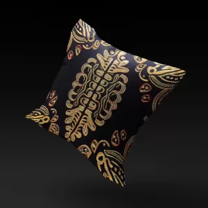 Floating view of Golden Tortoise Beetle Pillow Cover by MUNACHU, highlighting its intricate gold patterns.