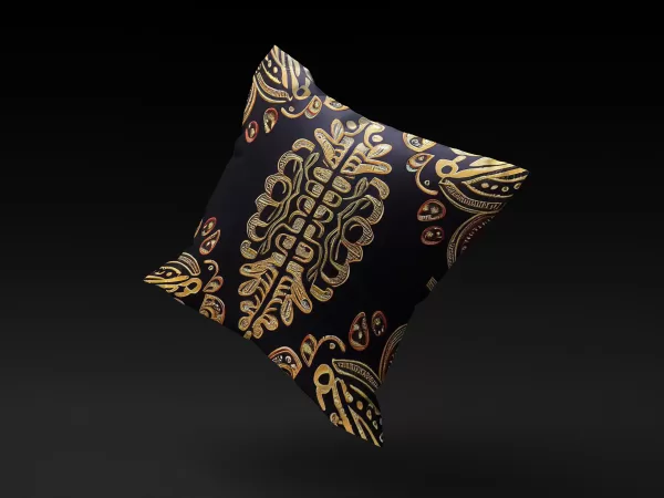 Floating view of Golden Tortoise Beetle Pillow Cover by MUNACHU, highlighting its intricate gold patterns.