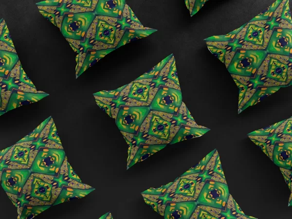 Grid of nine Anansi's Nexus pillow covers, emphasizing the intricate, colorful patterns.