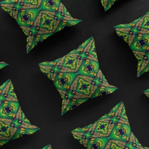 Grid of nine Anansi's Nexus pillow covers, emphasizing the intricate, colorful patterns.