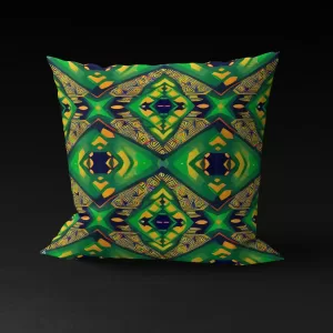 Anansi's Nexus pillow cover featuring a kaleidoscopic spiderweb design on a green background.
