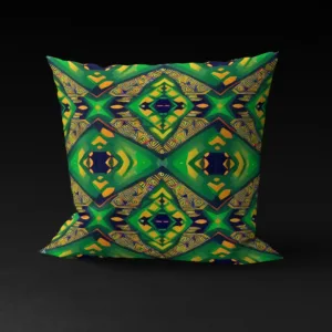 Anansi's Nexus pillow cover featuring a kaleidoscopic spiderweb design on a green background.