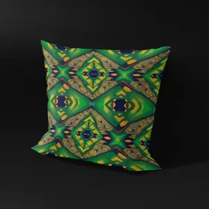 Side angle of Anansi's Nexus pillow cover, showcasing the intricate colorful patterns.