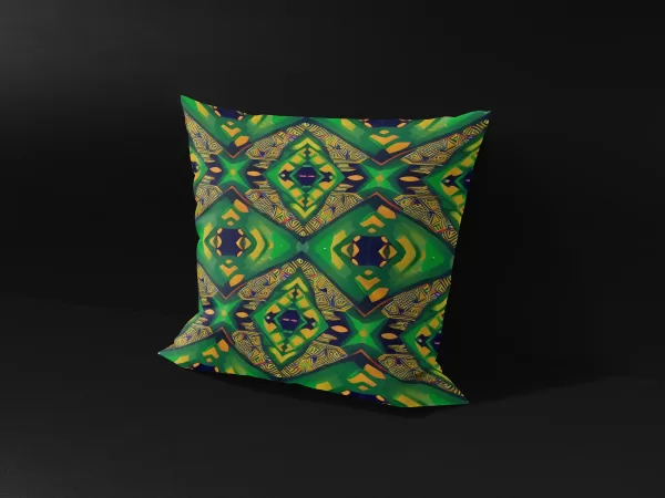 Side angle of Anansi's Nexus pillow cover, showcasing the intricate colorful patterns.