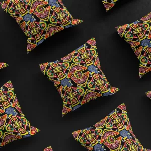 3x3 grid of Ashanti Dreamweaver pillow covers against a black background, displaying the consistent beauty and design of the luxurious, African-inspired product.