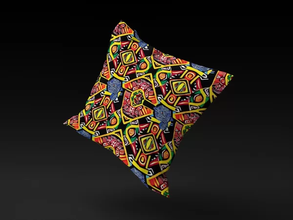 Ashanti Dreamweaver pillow cover floating against a black background, highlighting its kaleidoscopic patterns and enigmatic animal-like figure.