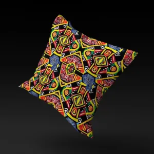 Ashanti Dreamweaver pillow cover floating against a black background, highlighting its kaleidoscopic patterns and enigmatic animal-like figure.
