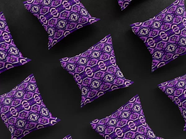 Grid view of Astral Rhythms pillow covers, showcasing the mesmerizing patterns and lush purple color.