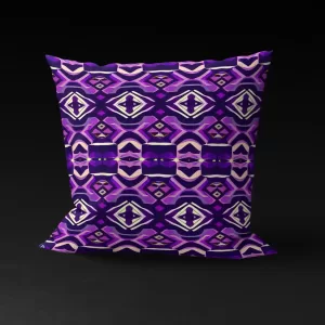Astral Rhythms pillow cover featuring three distinct rows of patterns on a purple background.