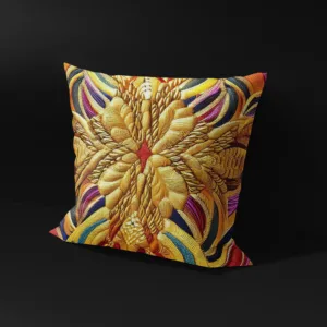 Side angle of Cleopatra's Gilded Flight pillow cover, highlighting the depth of its golden patterns.