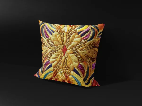 Side angle of Cleopatra's Gilded Flight pillow cover, highlighting the depth of its golden patterns.