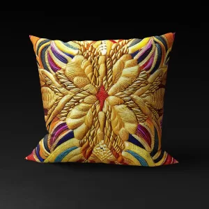 Cleopatra's Gilded Flight pillow cover showcasing intricate golden designs on a black background.
