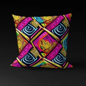 Comoros Tropical Aria pillow cover featuring fuchsia, gold, and aquamarine grids with musical and floral elements.