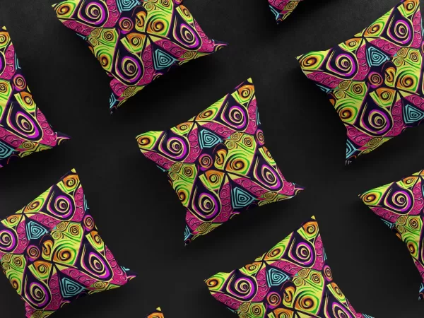 Nine Dogon Po Tolo pillow covers arranged in a 3x3 grid, displaying the diversity of its abstract design.