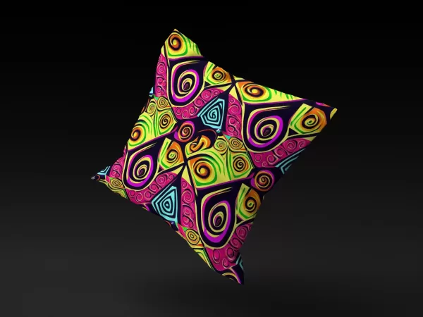 Dogon Po Tolo pillow cover floating against a neutral background, highlighting its vibrant abstract patterns.