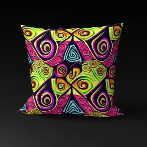 Front view of Dogon Po Tolo pillow cover featuring abstract swirls of pink, yellow, black, and aquamarine.