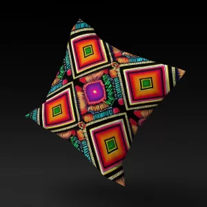 Kandake's Gem pillow cover floating against a neutral background, highlighting its vivid colors and complex designs.