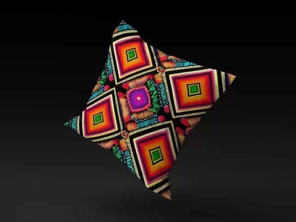 Kandake's Gem pillow cover floating against a neutral background, highlighting its vivid colors and complex designs.