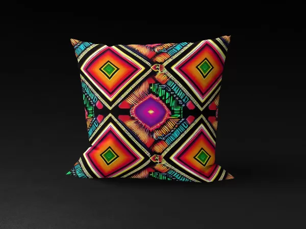 Kandake's Gem pillow cover featuring a radiant blend of orange, red, green, blue, and black patterns forming intricate diamonds.