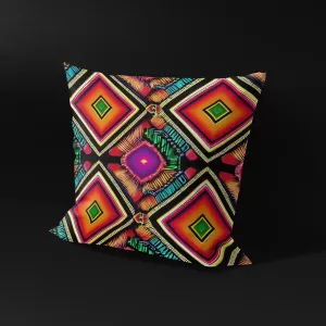 Side angle of Kandake's Gem pillow cover showcasing the depth of its vibrant, multicolored diamond patterns.