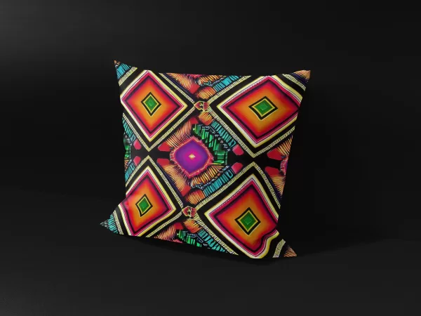 Side angle of Kandake's Gem pillow cover showcasing the depth of its vibrant, multicolored diamond patterns.