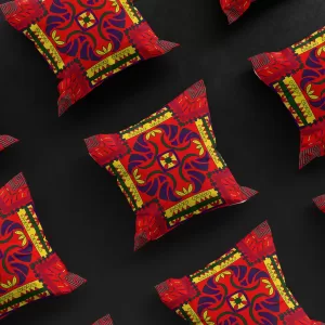 A 3x3 grid of Nsude's Compass pillow covers, each one a tribute to the Nsude pyramids and Igbo heritage.