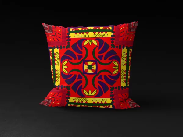 Front view of Nsude's Compass pillow cover featuring an equal-armed cross design and pyramids at the corners.