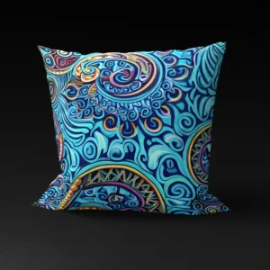 Lorescape pillow cover, tranquil blue background, intricate spirals.