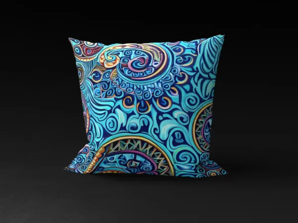 Lorescape pillow cover, tranquil blue background, intricate spirals.