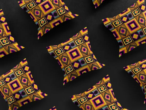 Diagonal 3x3 grid showcasing nine Maasai Matrix pillow covers against a black background, emphasizing the design's consistency