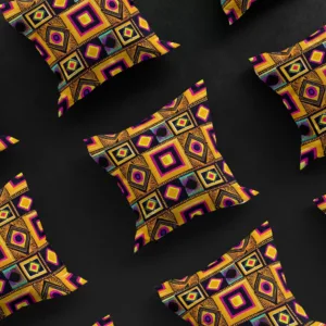 Diagonal 3x3 grid showcasing nine Maasai Matrix pillow covers against a black background, emphasizing the design's consistency