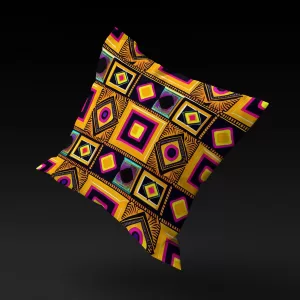 Maasai Matrix pillow cover floating against a black background, showcasing its vivid design.