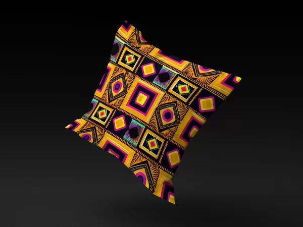 Maasai Matrix pillow cover floating against a black background, showcasing its vivid design.