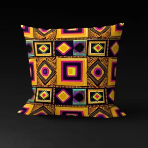 Front view of Maasai Matrix pillow cover featuring intricate Maasai patterns in radiant yellow hues.