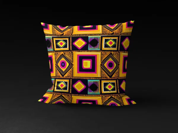 Front view of Maasai Matrix pillow cover featuring intricate Maasai patterns in radiant yellow hues.