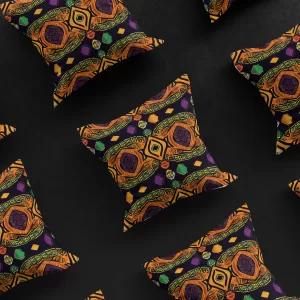 3x3 grid of Mystical Masquerade pillow covers against a black background, displaying the consistent beauty and design of the luxurious, African-inspired product