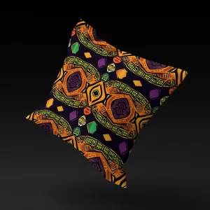 Mystical Masquerade pillow cover floating against a black background, highlighting its unique face design and patterned frame.