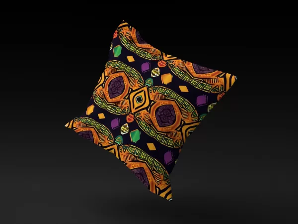 Mystical Masquerade pillow cover floating against a black background, highlighting its unique face design and patterned frame.