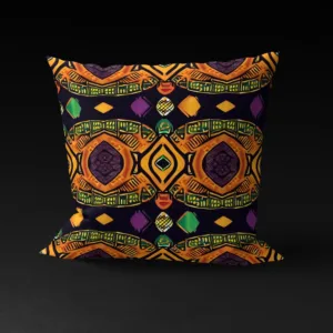 Front view of Mystical Masquerade pillow cover against a black background, featuring a tiny face with a red nose and red lipstick, surrounded by a patterned frame where the eyes should be.