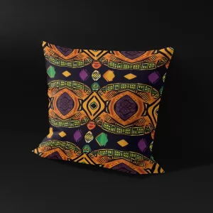 Side view of Mystical Masquerade pillow cover against a black background, showcasing the hidden zipper and premium fabric quality.
